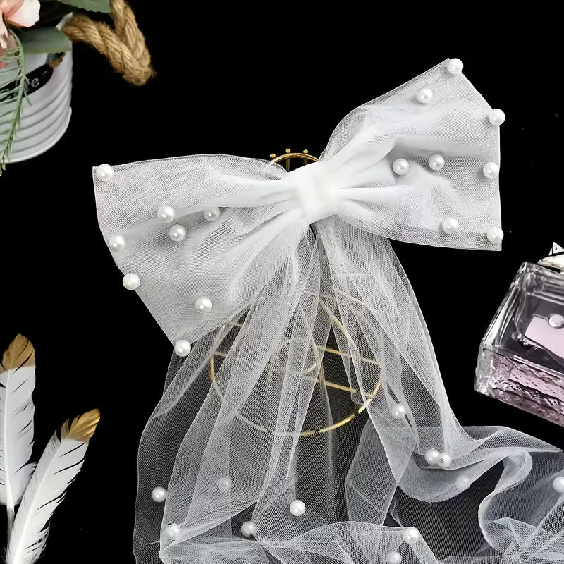 Elegant Bridal Bow Hair Clips with Artificial Pearl.