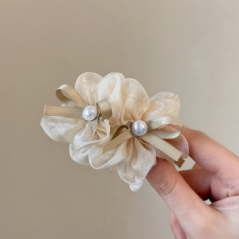 pearl Mesh Double Flower Hair Clip for Woman.