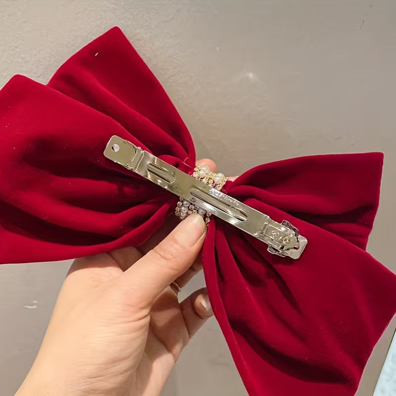 Black And Red Velvet Oversized Bow Imitation Pearl Pendant Spring Clip Hairpin for Women.