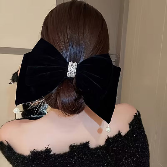 Black And Red Velvet Oversized Bow Imitation Pearl Pendant Spring Clip Hairpin for Women.