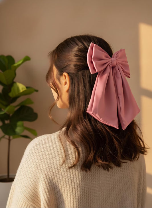 Satin Hair Bow Clip, French Barrette, Long Tail.