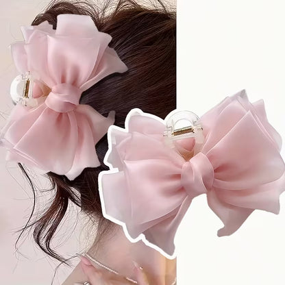 1pc Summer Large Organza Multi-Layer Bow Hair Claw.