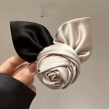 Single Elegant Satin Bow Rose Hair Clip.