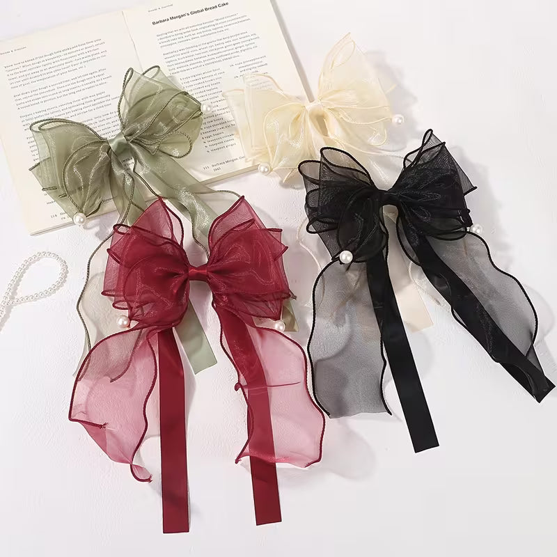 1pc of Mesh Large Bow Ponytail Hair clip with Pearl Decoration.