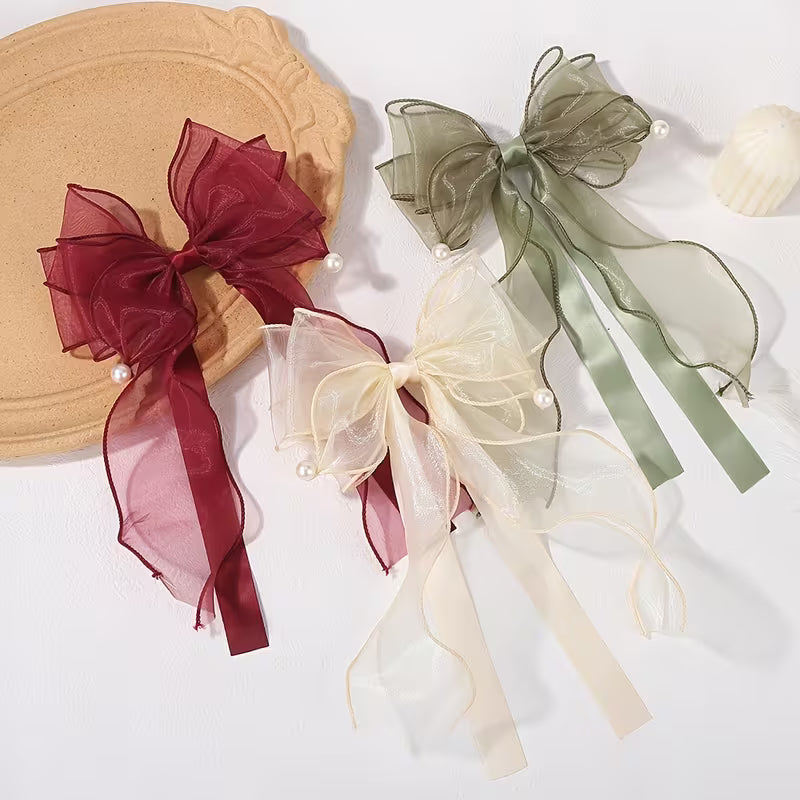 1pc of Mesh Large Bow Ponytail Hair clip with Pearl Decoration.