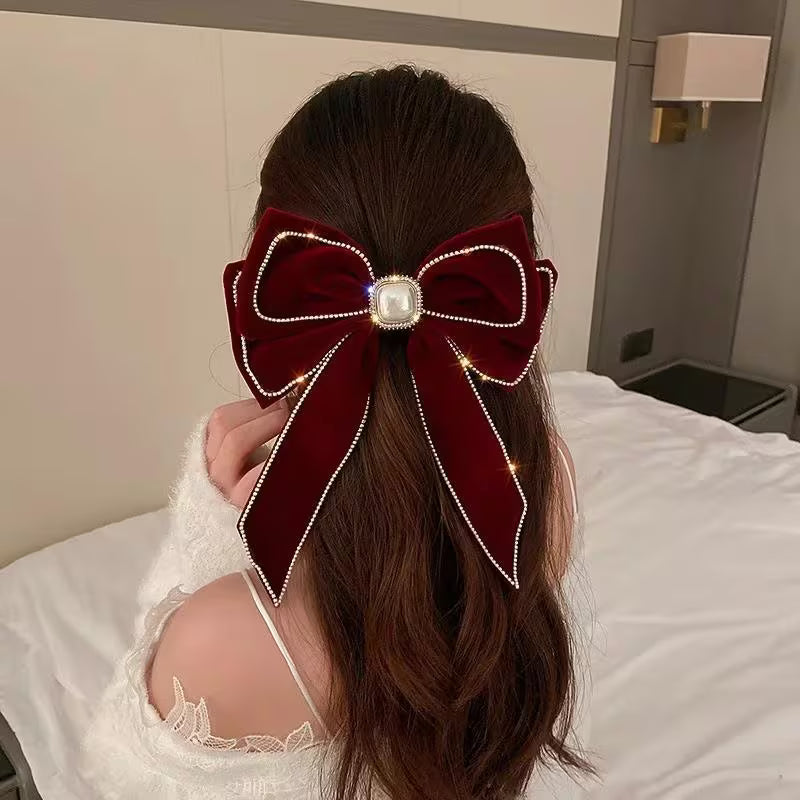 1pc Velvet Rhinestone Bow Hair Clip for Women.