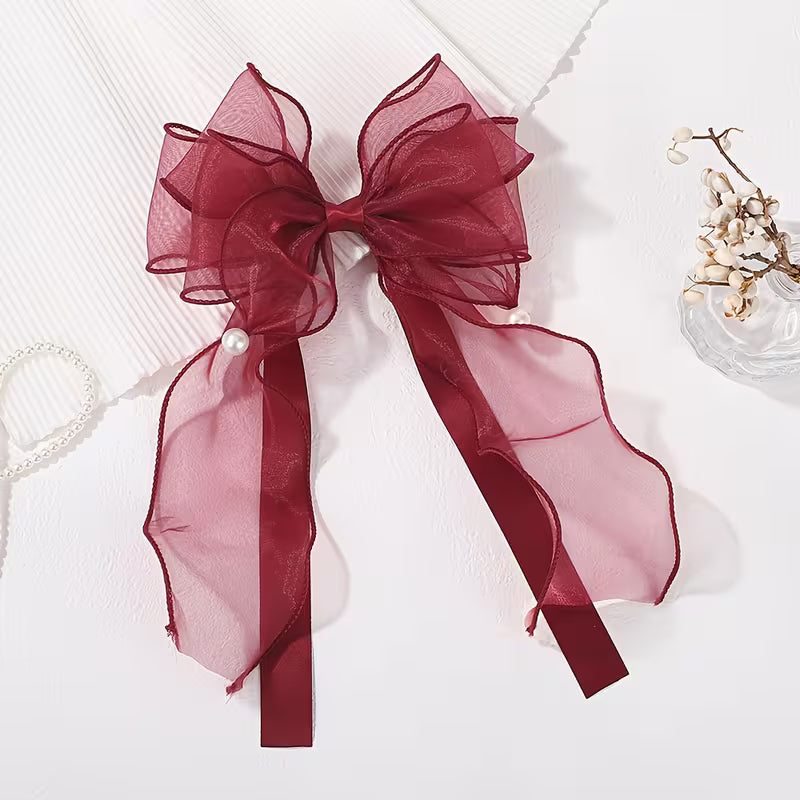 1pc of Mesh Large Bow Ponytail Hair clip with Pearl Decoration.