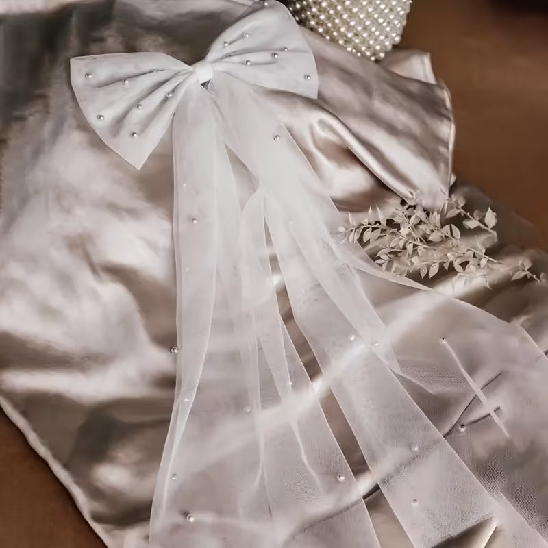 Elegant Bridal Bow Hair Clips with Artificial Pearl.