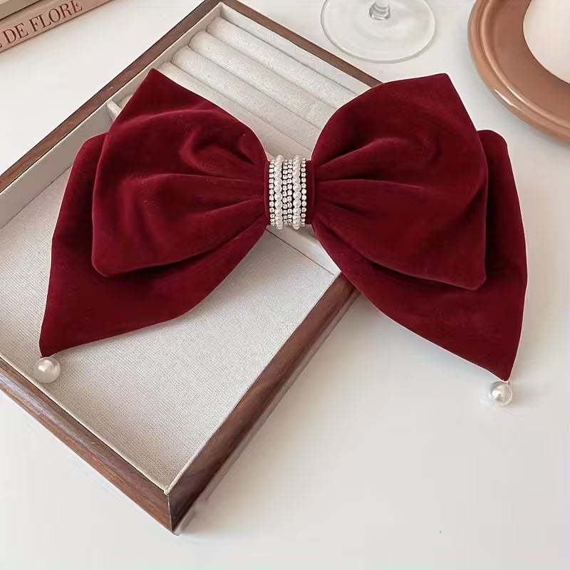 Black And Red Velvet Oversized Bow Imitation Pearl Pendant Spring Clip Hairpin for Women.