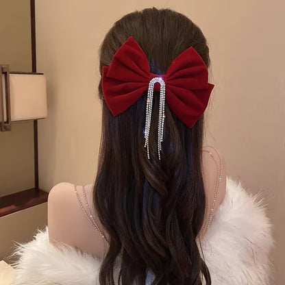 Elegant Shining Rhinestone Tassels Bowknot Ponytail Clip.