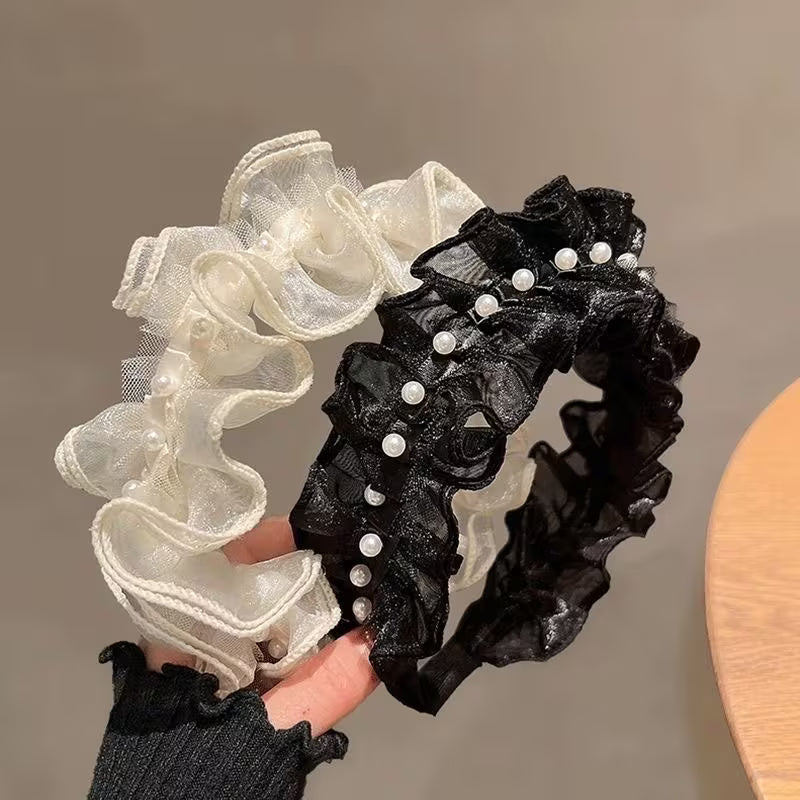 2pcs Elegant High Crown Hairband with Layered Mesh Detail.