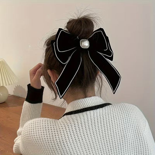1pc Velvet Rhinestone Bow Hair Clip for Women.