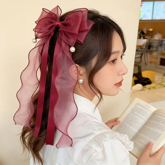 1pc of Mesh Large Bow Ponytail Hair clip with Pearl Decoration.