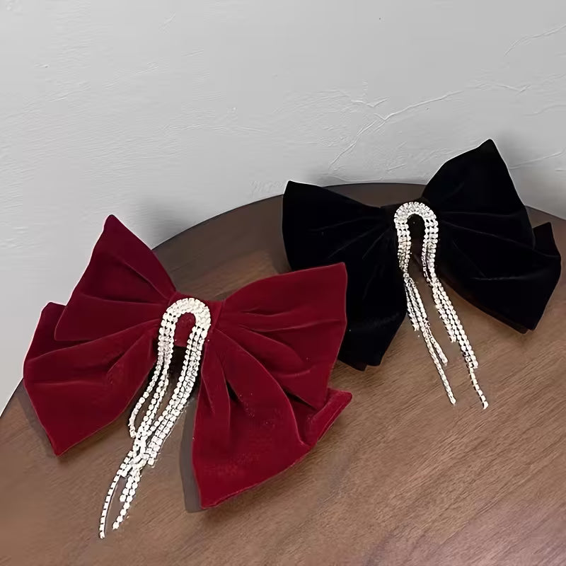Elegant Shining Rhinestone Tassels Bowknot Ponytail Clip.