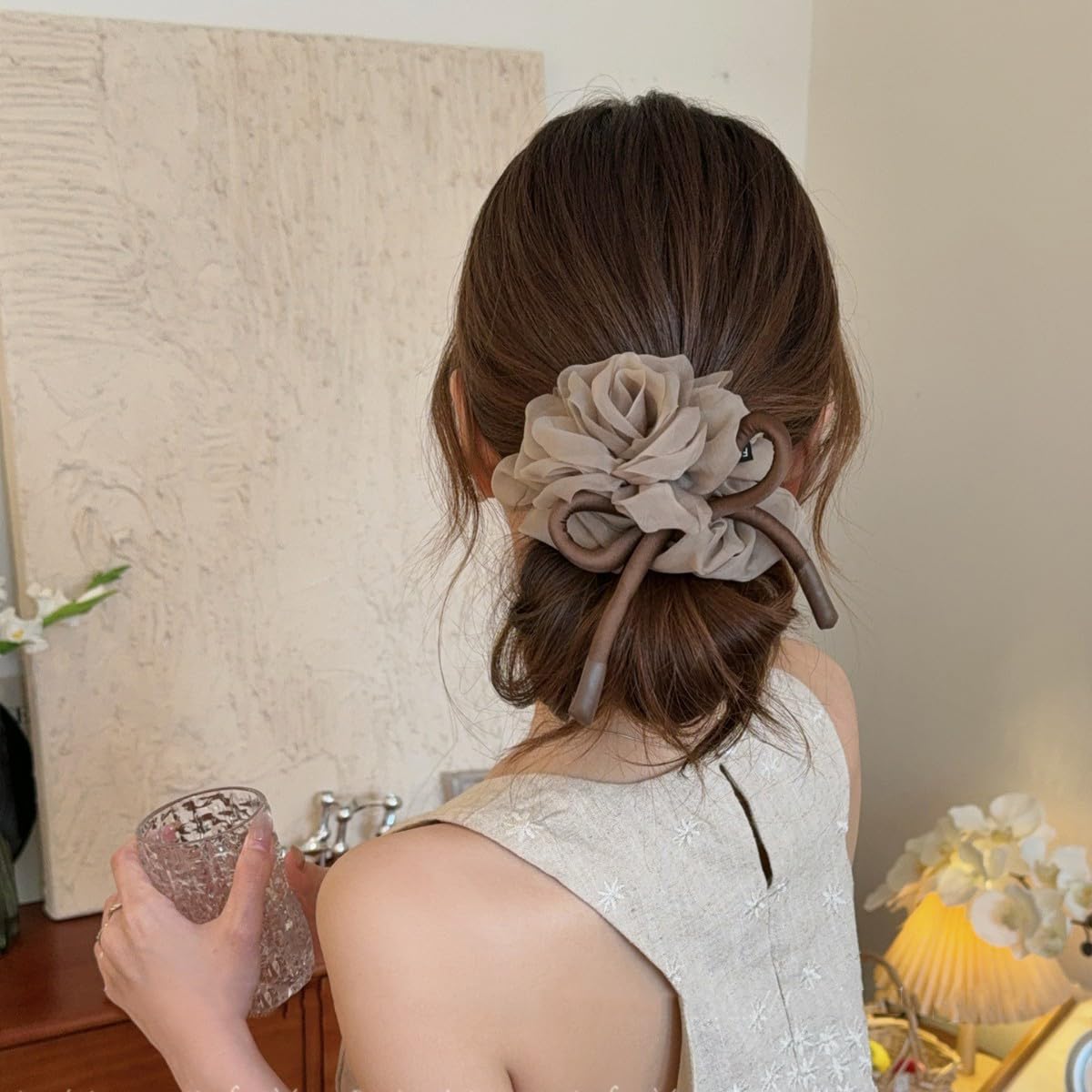 French Style Organza Flower Bow Scrunchie for Women.