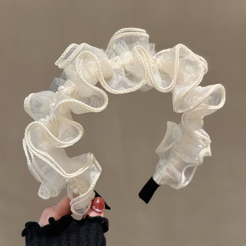 2pcs Elegant High Crown Hairband with Layered Mesh Detail.