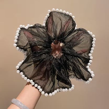 2 Pcs Luxury Leaf Edge Hair Ring | Imitation Pearl Black and White scrunchies