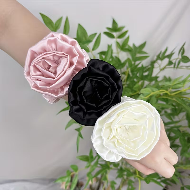 Set of 3 Rose Hair Additions, Satin Flower Hair Scrunchies.