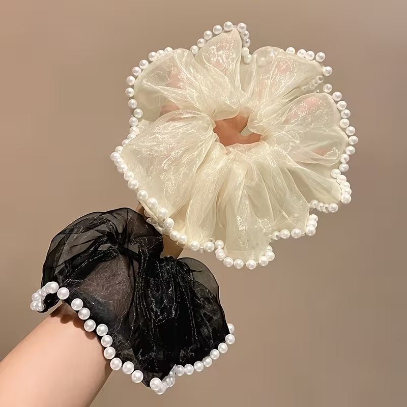 2 Pcs Luxury Leaf Edge Hair Ring | Imitation Pearl Black and White scrunchies