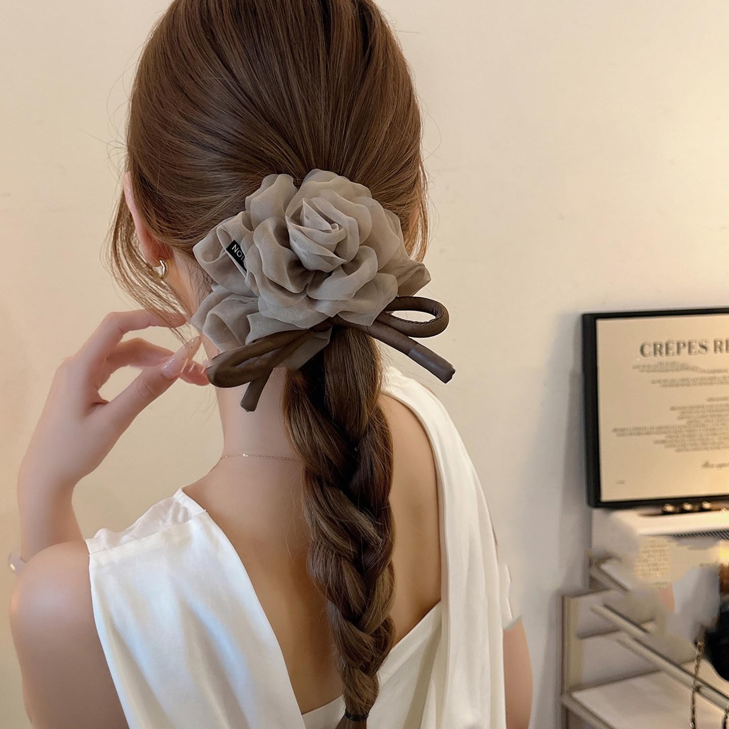 French Style Organza Flower Bow Scrunchie for Women.