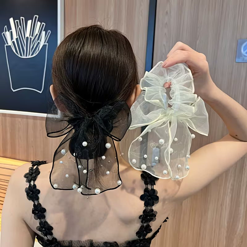 Single Elegant Lace Bow & Imitation Pearl Hair Scrunchie for girls.