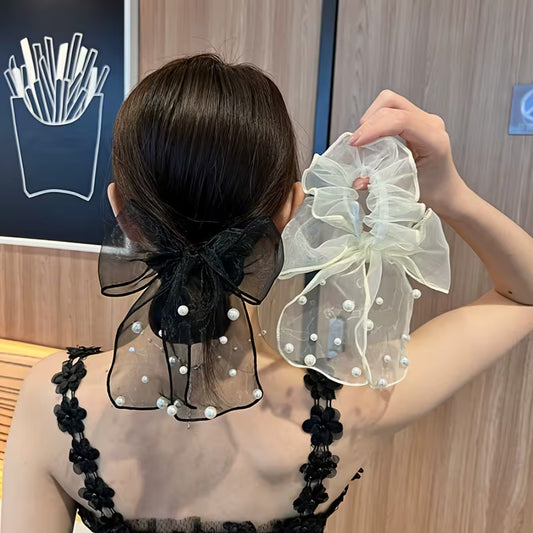 Single Elegant Lace Bow & Imitation Pearl Hair Scrunchie for girls.