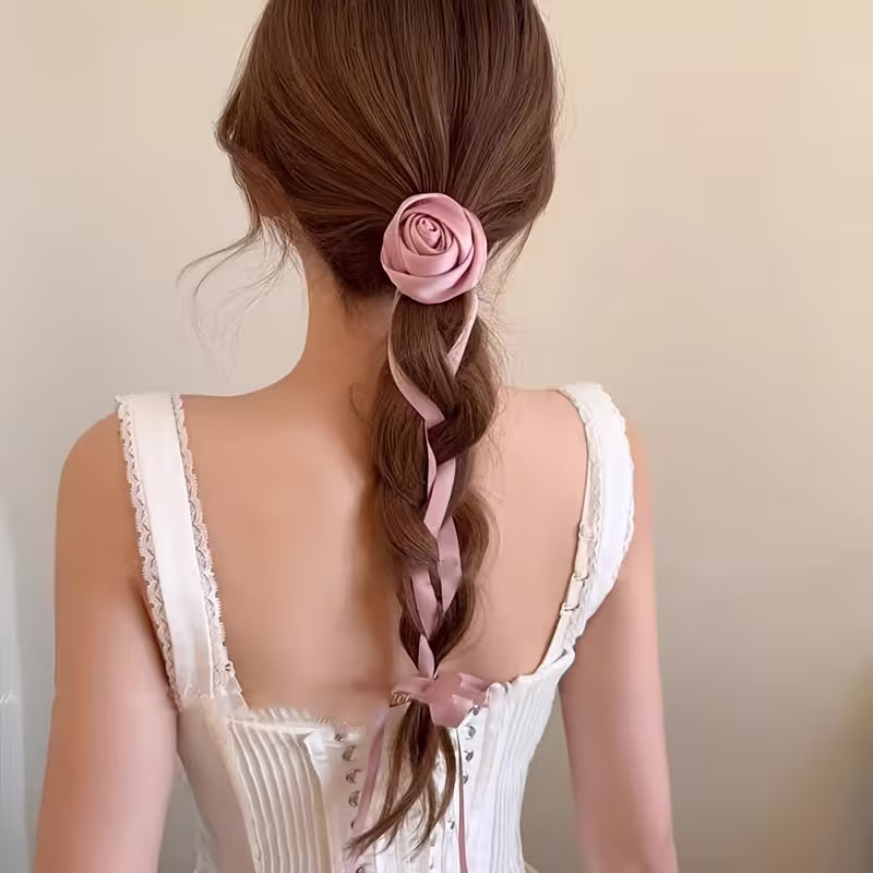 Rose Flower Hair Tie Scrunchie Ribbon, Suitable for Daily and Outdoor Use.