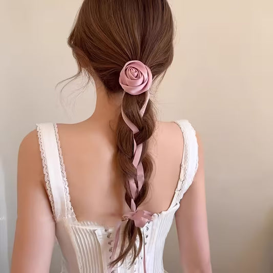 Rose Flower Hair Tie Scrunchie Ribbon, Suitable for Daily and Outdoor Use.