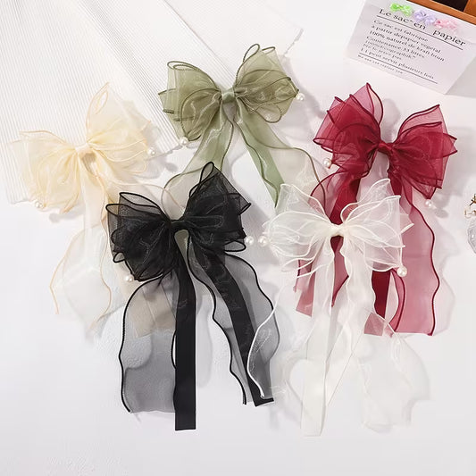 1pc of Mesh Large Bow Ponytail Hair clip with Pearl Decoration.