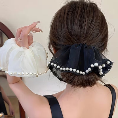2 Pcs Luxury Leaf Edge Hair Ring | Imitation Pearl Black and White scrunchies