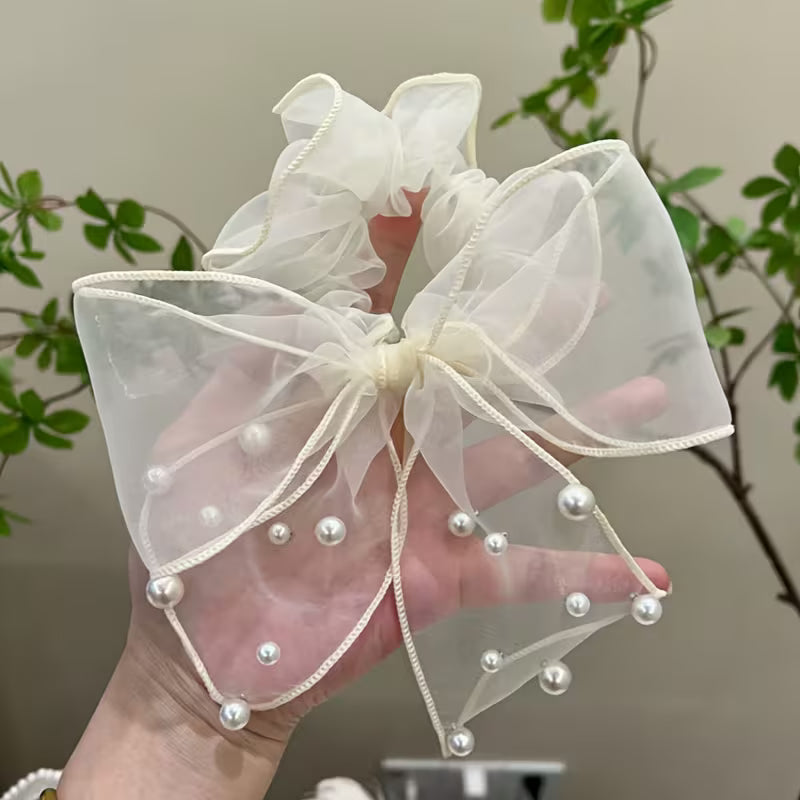 Single Elegant Lace Bow & Imitation Pearl Hair Scrunchie for girls.