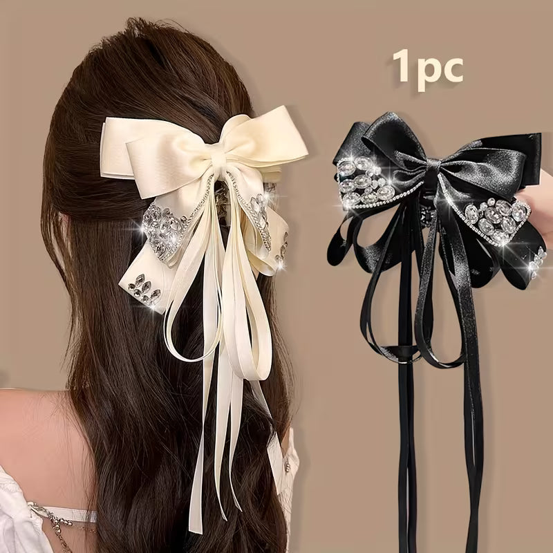 1pc Elegant Rhinestone & Tassel Bow Hair Clip.