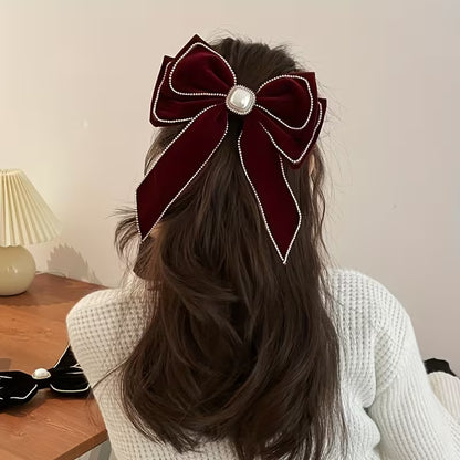 1pc Velvet Rhinestone Bow Hair Clip for Women.