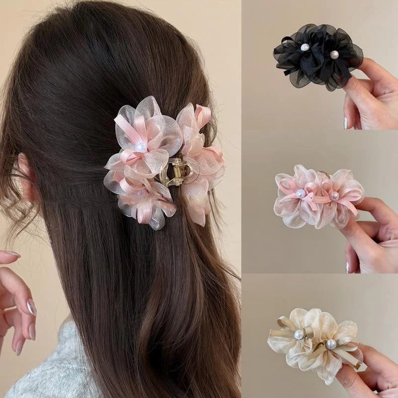 pearl Mesh Double Flower Hair Clip for Woman.