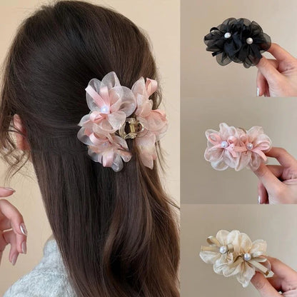 pearl Mesh Double Flower Hair Clip for Woman.