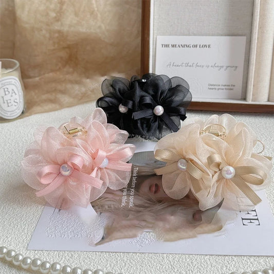 pearl Mesh Double Flower Hair Clip for Woman.