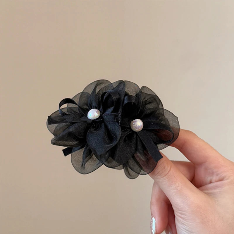 pearl Mesh Double Flower Hair Clip for Woman.