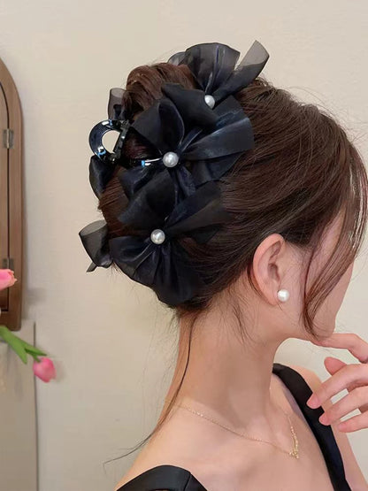 Korean sweet and elegant pearl organza bow grab claw For Girls.