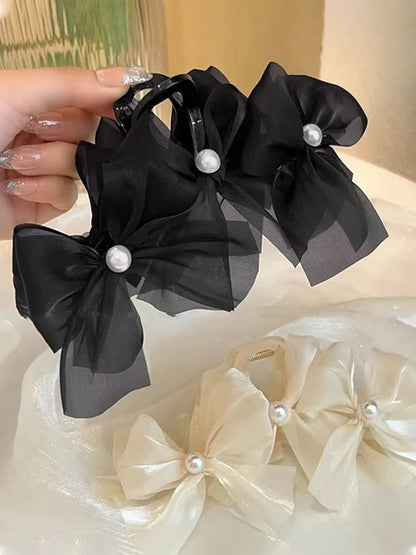 Korean sweet and elegant pearl organza bow grab claw For Girls.