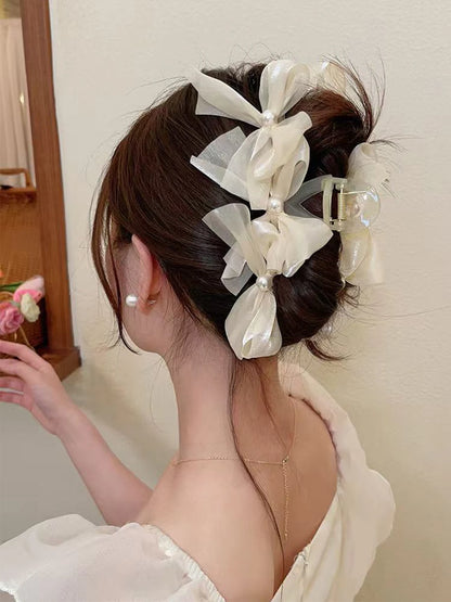 Korean sweet and elegant pearl organza bow grab claw For Girls.