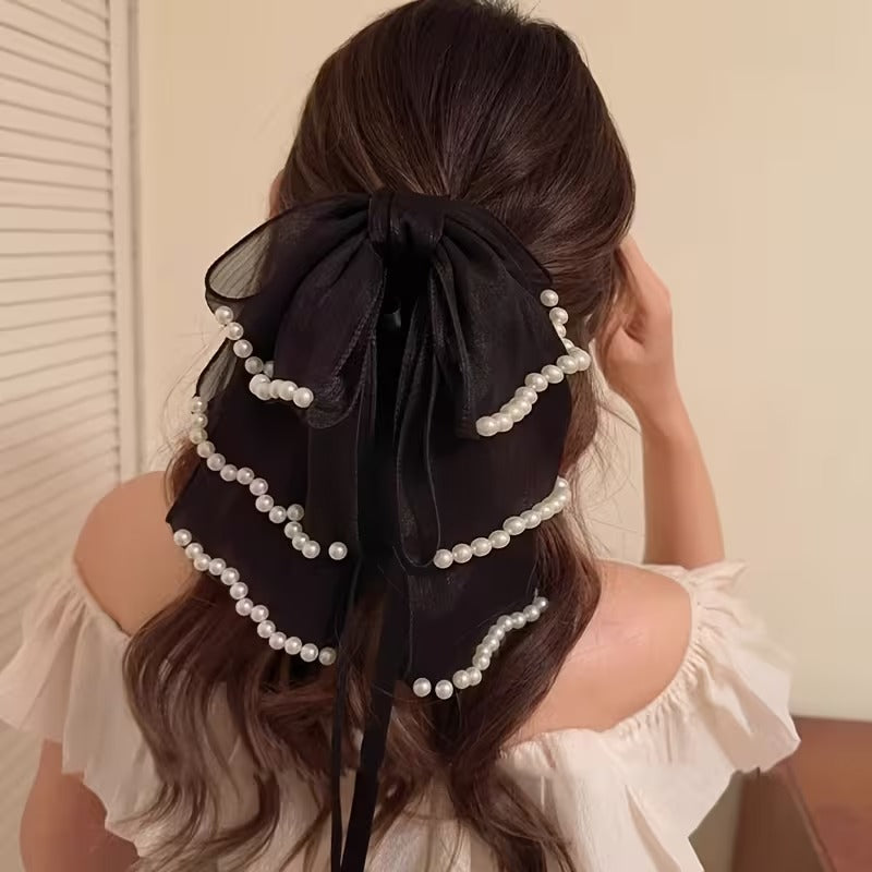 Elegant Pearl-Trimmed Organza Bow Hair Claw
