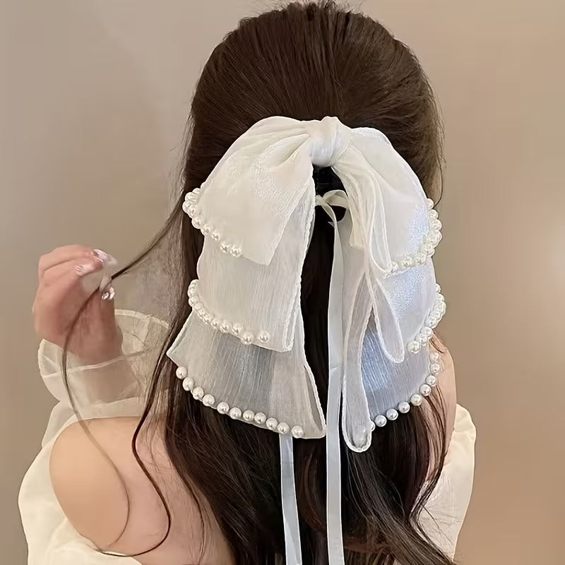 Elegant Pearl-Trimmed Organza Bow Hair Claw