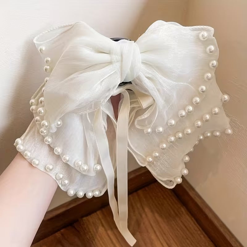 Elegant Pearl-Trimmed Organza Bow Hair Claw