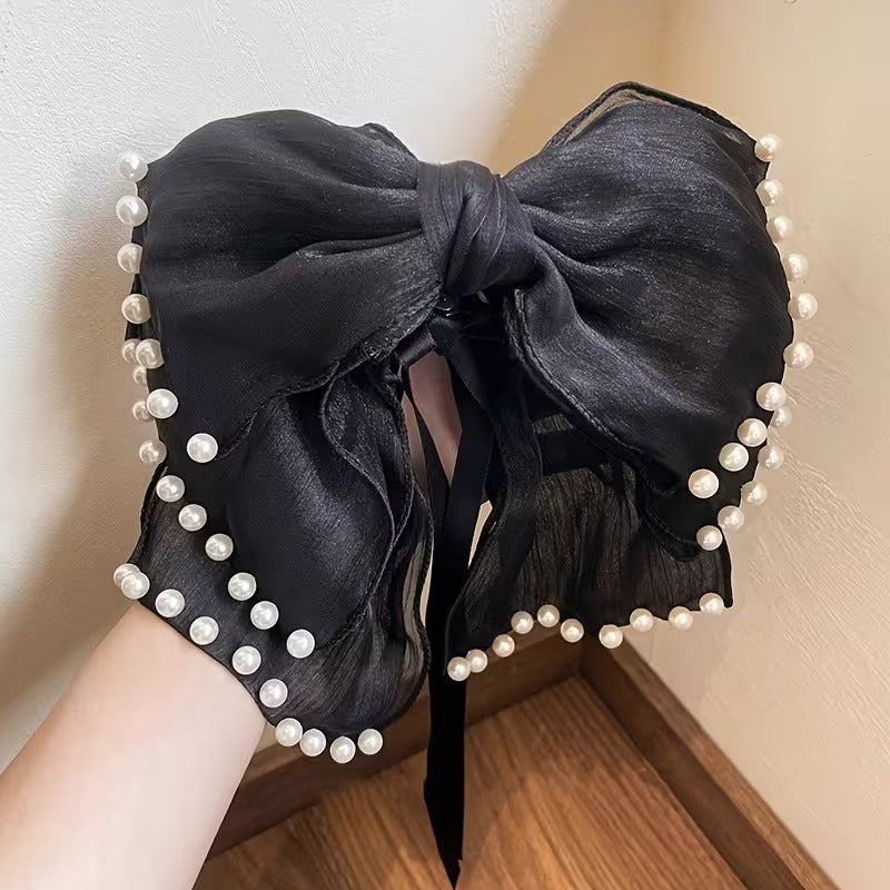 Elegant Pearl-Trimmed Organza Bow Hair Claw