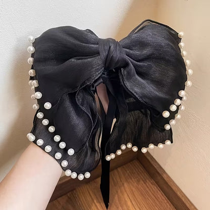 Elegant Pearl-Trimmed Organza Bow Hair Claw