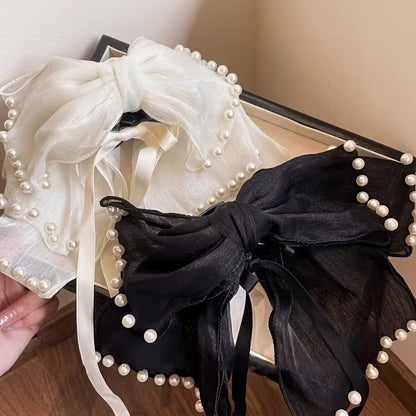 Elegant Pearl-Trimmed Organza Bow Hair Claw