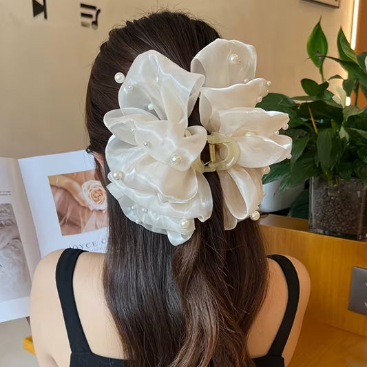 Bubble Mesh Pearl Bow Hair Claw – Elegant Floral Style Claw