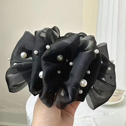 Bubble Mesh Pearl Bow Hair Claw – Elegant Floral Style Claw