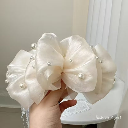 Bubble Mesh Pearl Bow Hair Claw – Elegant Floral Style Claw