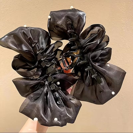 Bubble Mesh Pearl Bow Hair Claw – Elegant Floral Style Claw